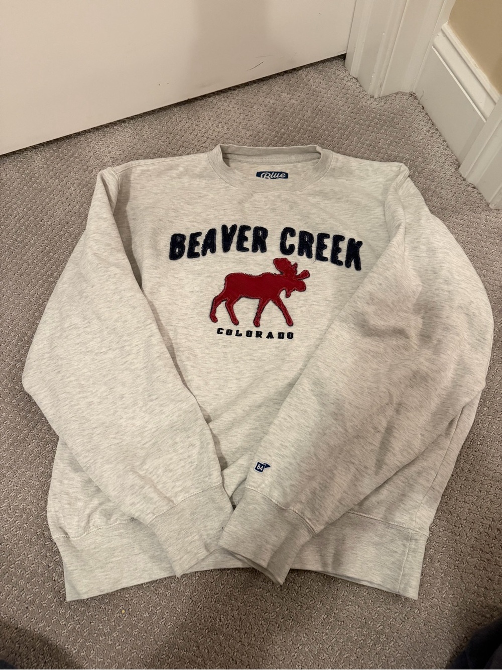 Blue 84 Light Gray Crewneck with Red Moose and Navy Lettering
